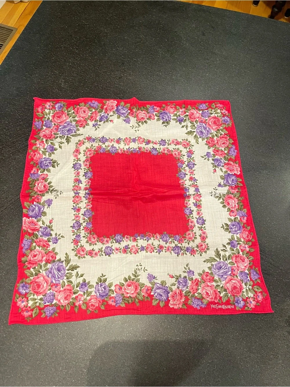 Vintage Yves Saint Laurent Red Floral Border Silk Scarf